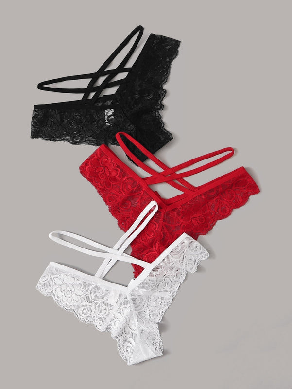 Conjunto De 3 Braguitas De Encaje Floral Con Recorte, Lenceria