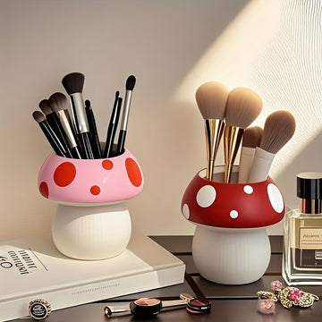 Porta brochas de maquillaje con diseño de hongos, 1 o 2 piezas, organizador con montaje por tensión de poliéster para brochas y accesorios, acabado pulido, almacenamiento independiente, no requiere electricidad, para tocador