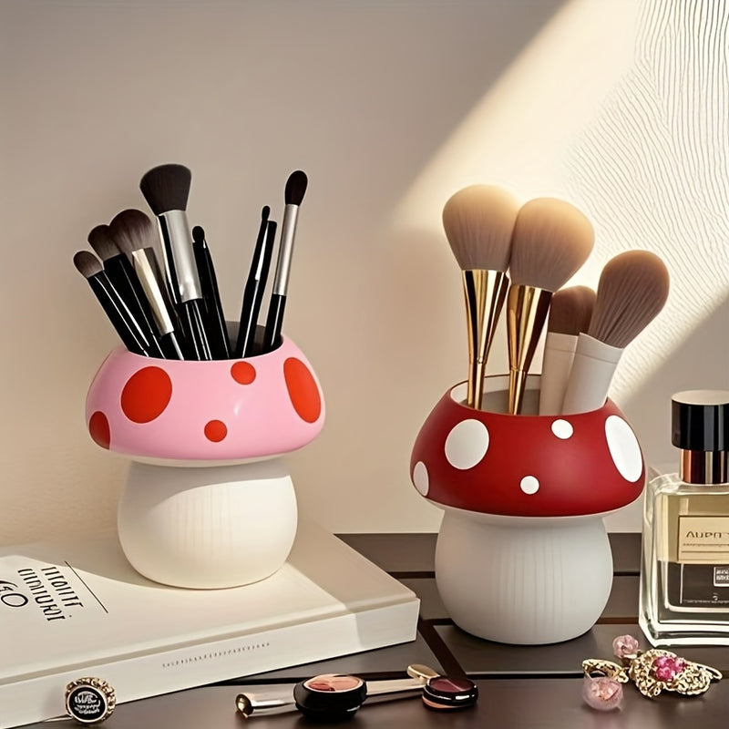 Porta brochas de maquillaje con diseño de hongos, 1 o 2 piezas, organizador con montaje por tensión de poliéster para brochas y accesorios, acabado pulido, almacenamiento independiente, no requiere electricidad, para tocador