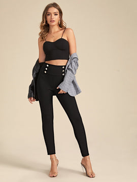 Prive Pantalones ajustados de cintura con banda ancha con diseno de botones