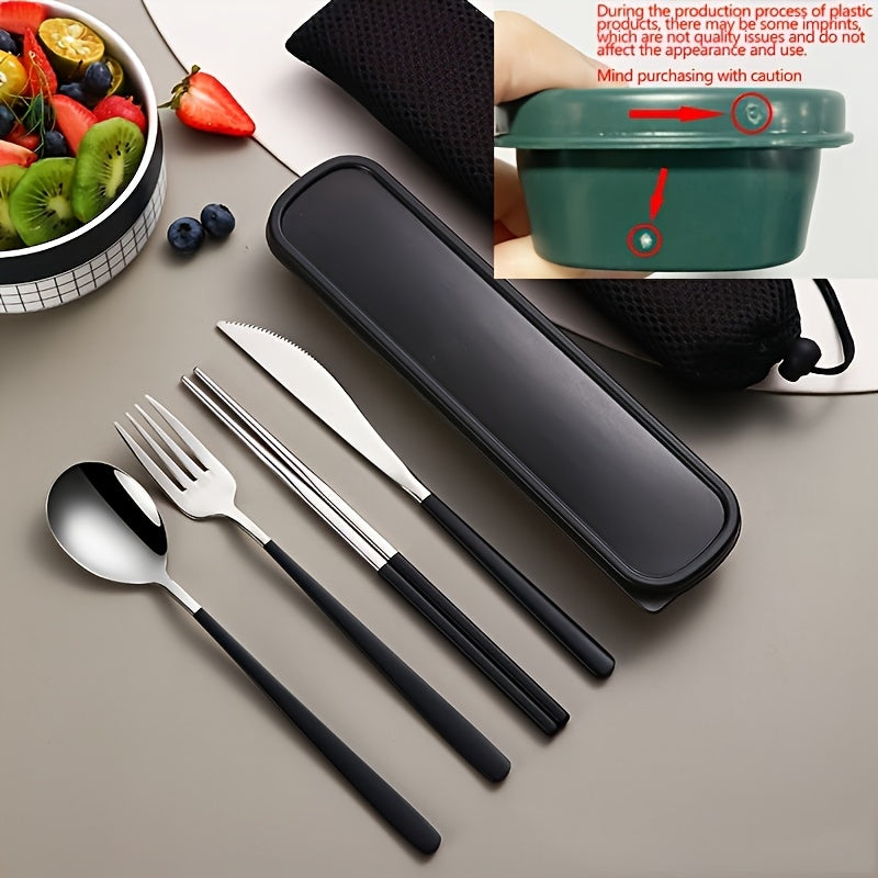 Juego de vajilla portátil redondo de 4 piezas, que incluye tenedor de acero inoxidable, tenedor, cuchara y palillos, con caja de almacenamiento, para viajes al aire libre, picnic, fiesta, residencia, escuela y viajes