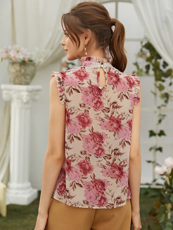 Camisa sin manga de espalda con abertura de ojo con estampado floral