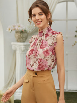 Camisa sin manga de espalda con abertura de ojo con estampado floral