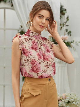 Camisa sin manga de espalda con abertura de ojo con estampado floral