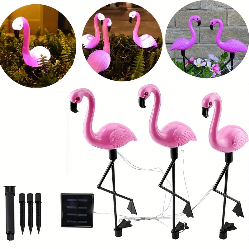 Juego de 3 luces solares de flamencos, decoración para jardín exterior, adorno de flamencos, regalo para cumpleaños, Navidad o casa nueva, ideal para patio, césped o pasillos
