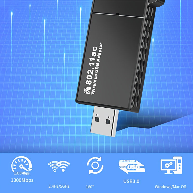 Adaptador sin varillas para PC de Escritorio Adaptador de Red USB 1300Mbps con Antena Doble Banda de Alta Ganancia Integrada 5G/2.4G - ¡Conecta y Usa inmediatamente tu PC con WiFi y función de punto de acceso móvil compatible con Windows 10/11!