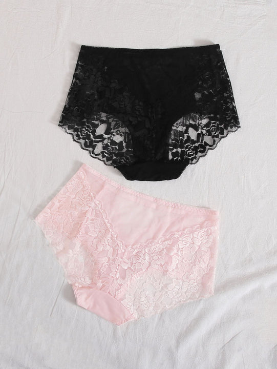 2 piezas set de bragas de cintura alta con encaje floral