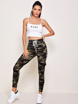 EZwear Pantalones deportivos de camuflaje con bolsillo lateral con solapa unido en contraste con cordon delantero