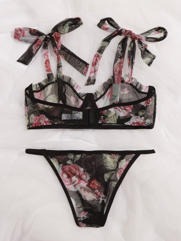 Set de lenceria con malla con aro floral