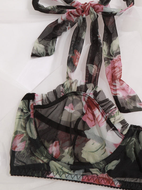 Set de lenceria con malla con aro floral