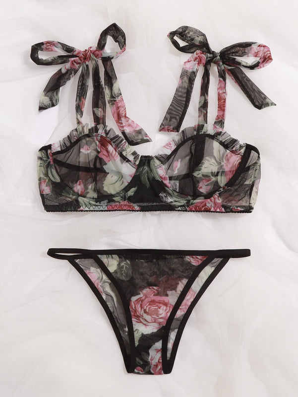 Set de lenceria con malla con aro floral