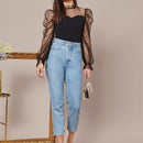 Prive Top de manga farol de malla transparente de cuello con fruncido