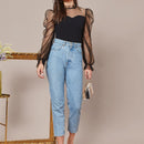 Prive Top de manga farol de malla transparente de cuello con fruncido