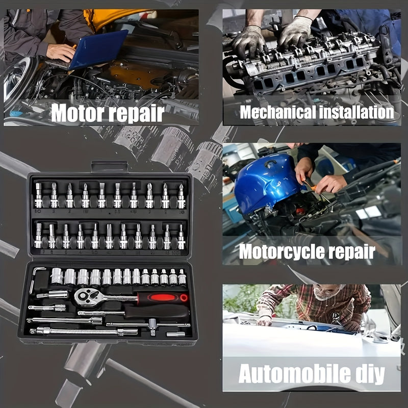 Juego de 46 piezas de dados de 1/4" con llave de carraca, extensiones y llave de torsión - Construcción metálica duradera, ideal para reparaciones automotrices, de bicicletas, motocicletas e industriales - Incluye estuche organizador, kit de herramientas