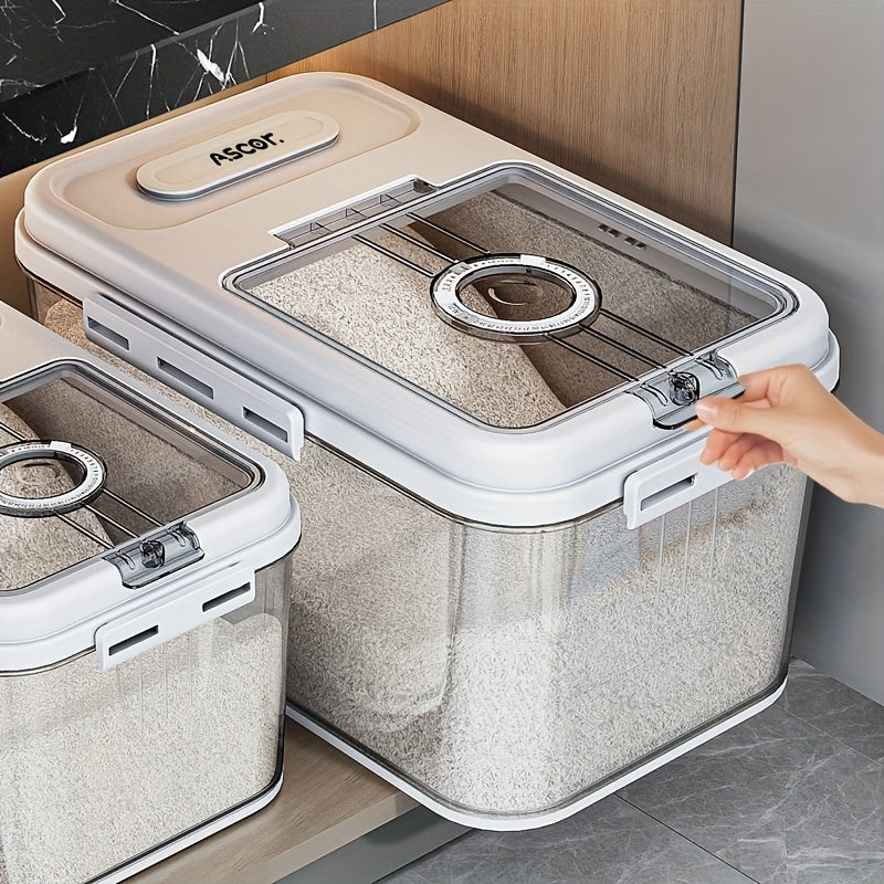 Contenedor de almacenamiento de arroz hermético con tapa transparente - Prueba contra insectos y humedad, dispensador de granos de plástico duradero para la organización de la cocina
