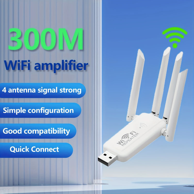 Amplificador de Señal WiFi con 4 Antenas, Amplificador de Señal de 2.4GHz, Alimentado por USB, Velocidad de Datos de 300Mbps, Fuerte Penetración de la Señal para Hogar y Oficina, Conectividad Wi-Fi, Compatible con RouterOS, Amplificador de Señal WiFi par