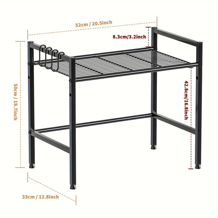 Estante para Microondas de 2 Niveles con Ganchos - Solución de Almacenamiento Versátil para Cocina y Baño, Construcción Duradera de Plástico/Metal, Estantes de Utilidad