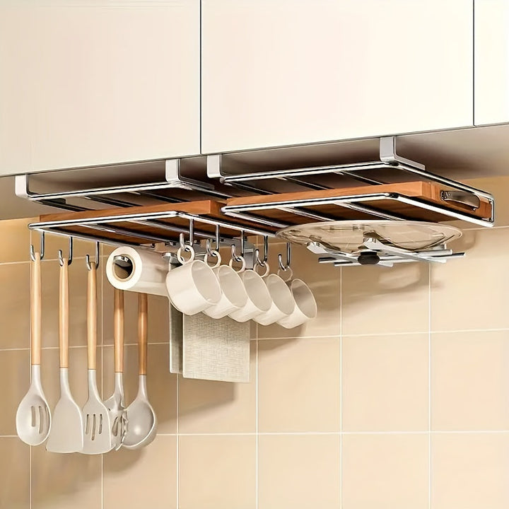 Estante de almacenamiento de cocina de doble capa con montaje en pared de acero inoxidable con acabado de madera - Diseño sin taladro para ahorrar espacio para tablas de corte, tapas, espátulas y utensilios - Organizador de puertas de armarios de cocina