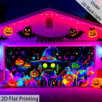 Una figura de calabaza vibrante de tamaño grande que brilla bajo luz UV, perfecta para Halloween. Esta decoración de puerta de garaje de poliéster sirve varios propósitos festivos y es adecuada para decorar el hogar y el jardín. Es fácil de colgar (la im