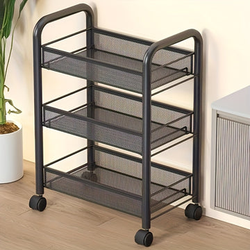 1 pieza de 3 niveles de carrito de almacenamiento de metal negro con poleas - Organizador versátil para cocina, dormitorio, baño, oficina y sala de estar, estante de canasta de alambre duradera, ensamblaje fácil, unidad de estantería versátil | Acabado m