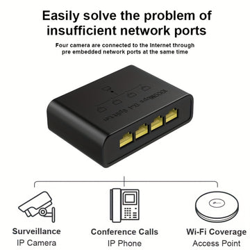 El conmutador de red y el extensor de cables soportan hasta un gigabit, permitiendo que un cable se expanda a cuatro puertos. Es plug-and-play, ampliamente compatible, tiene una gran capacidad de potencia, una fuerte disipación de calor, un rendimiento e