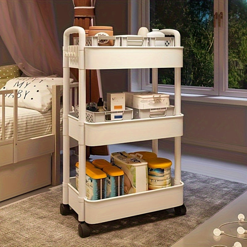 Carro de Almacenamiento Rodante de 3/4 Niveles - Plástico Duradero con Ruedas Silenciosas de 360° para Fácil Movimiento, Disponible en Blanco y , Incluye 4 Ganchos Pequeños, Ideal para Organización del Baño & Dormitorio, Libros y Artículos Esenciales del