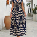 Vestido Maxi con Estampado Geométrico y Escote en V para Mujer 2025 - Vestido Largo A-Line Fluido con Patrón de Zigzag Azul Marino, Lavable a Máquina, Casual para Primavera Verano, Vestidos de Boda Playa para Novias, Tela Duradera