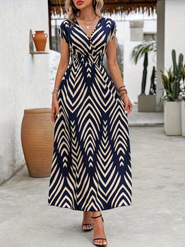 Vestido Maxi con Estampado Geométrico y Escote en V para Mujer 2025 - Vestido Largo A-Line Fluido con Patrón de Zigzag Azul Marino, Lavable a Máquina, Casual para Primavera Verano, Vestidos de Boda Playa para Novias, Tela Duradera