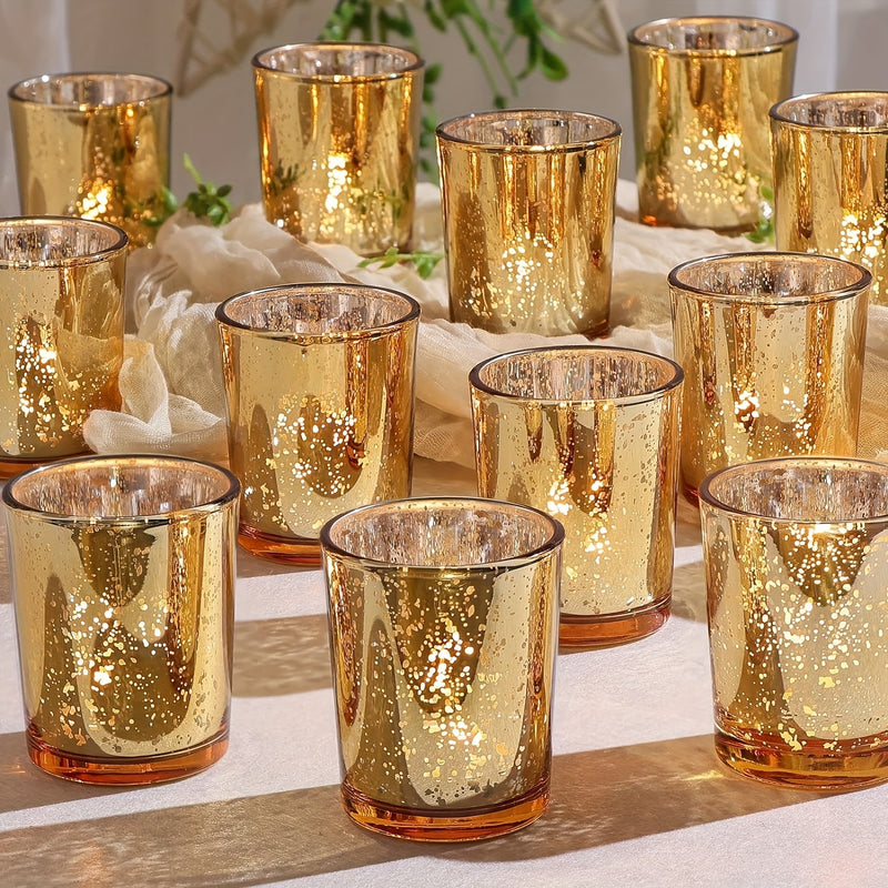 Set of 12 Golden Glass Tealight Candle Holders, Elegant Table Decoration for Party, Wedding, and Holiday Celebrations - Durable Glass Material for Lasting Use