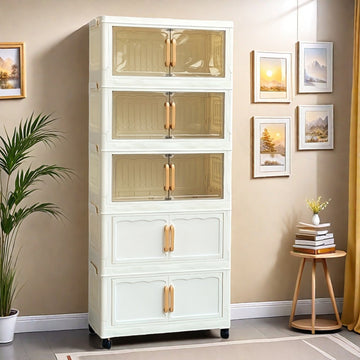 Elegante gabinete de almacenamiento plegable de cinco capas | Diseño doméstico de puertas dobles, material plástico adecuado para almacenamiento de juguetes de bebés/niños, se puede almacenar debajo de la cama.