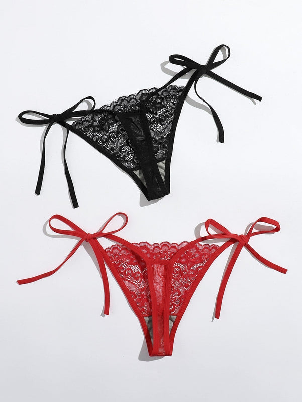 Conjunto De Tanga De Encaje Floral Con 2 Paquetes Y Lazos Laterales