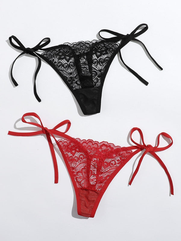 Conjunto De Tanga De Encaje Floral Con 2 Paquetes Y Lazos Laterales