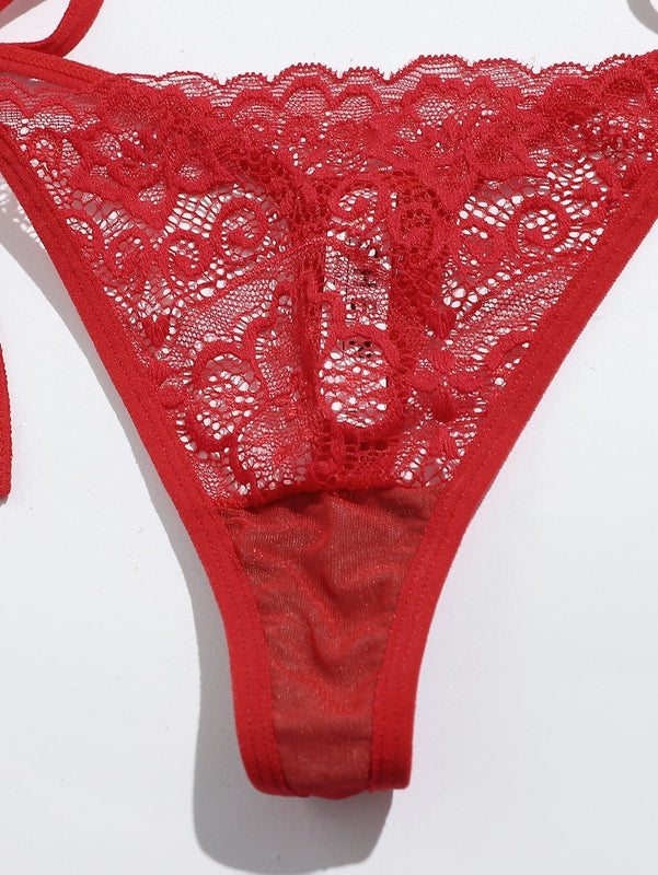 Conjunto De Tanga De Encaje Floral Con 2 Paquetes Y Lazos Laterales
