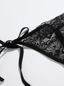 Conjunto De Tanga De Encaje Floral Con 2 Paquetes Y Lazos Laterales