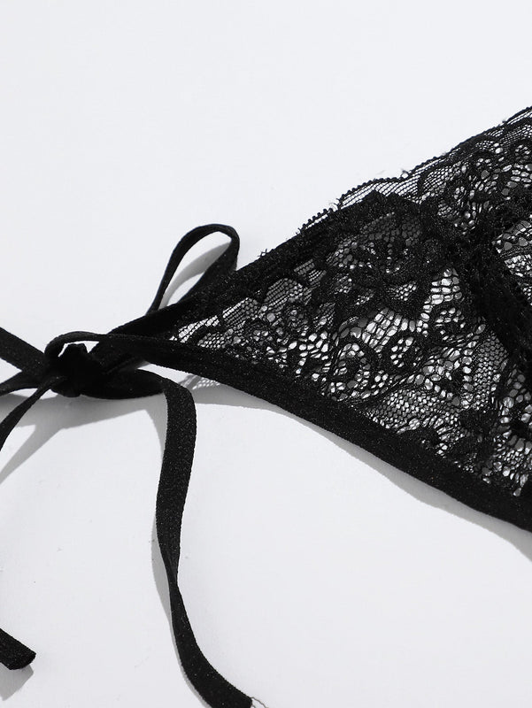 Conjunto De Tanga De Encaje Floral Con 2 Paquetes Y Lazos Laterales