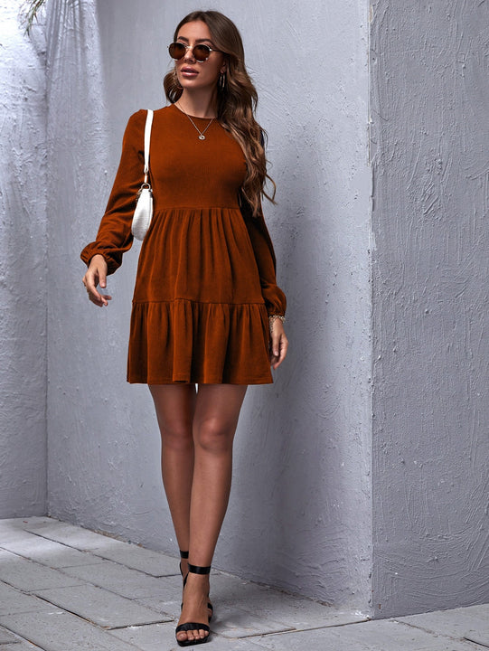 Vestido De Mujer Con Manga Farol De Color Liso Y Dobladillo Con Volantes