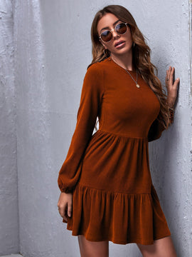 Vestido De Mujer Con Manga Farol De Color Liso Y Dobladillo Con Volantes