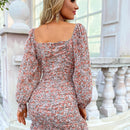 Eilly Bazar Vestido ajustado floral fruncido bajo fruncido de manga farol