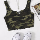 EZwear Camiseta sin mangas de camuflaje con cuello con muesca y ribete de lechuga