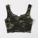 EZwear Camiseta sin mangas de camuflaje con cuello con muesca y ribete de lechuga