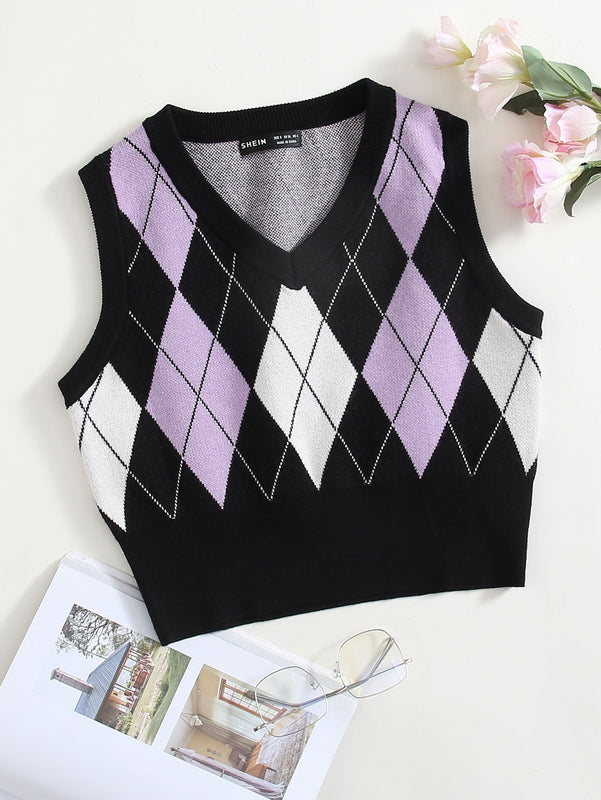 EZwear Chaleco de punto con patron de rombo