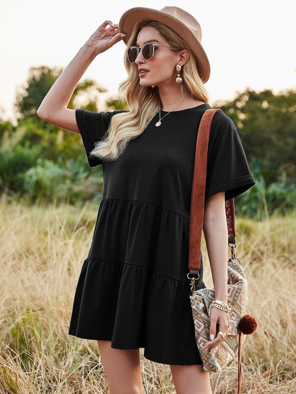 VCAY Vestido smock manga enrollada bajo con fruncido