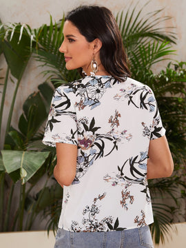 Top floral escote V de malla