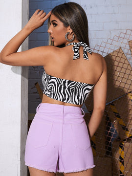 Top halter de espalda con cordon de rayas de cebra