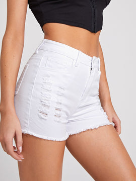 Shorts mezclilla desgarro bajo crudo