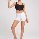 Shorts mezclilla desgarro bajo crudo