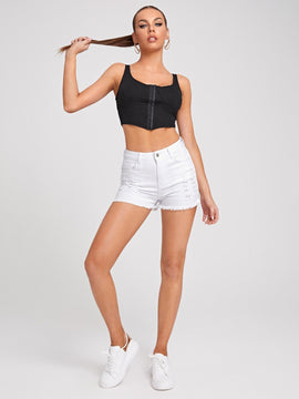Shorts mezclilla desgarro bajo crudo