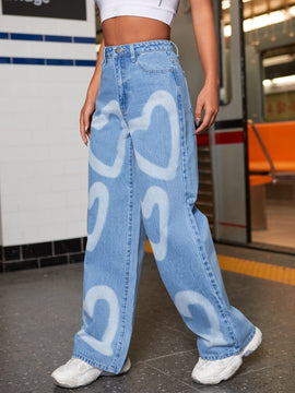 EZwear Jeans de pierna ancha con estampado de corazon de cintura alta