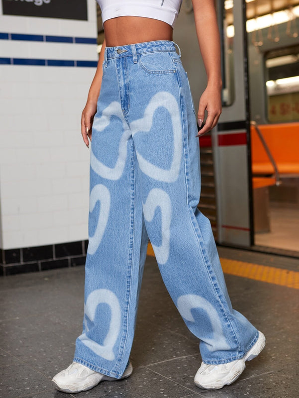 EZwear Jeans de pierna ancha con estampado de corazon de cintura alta