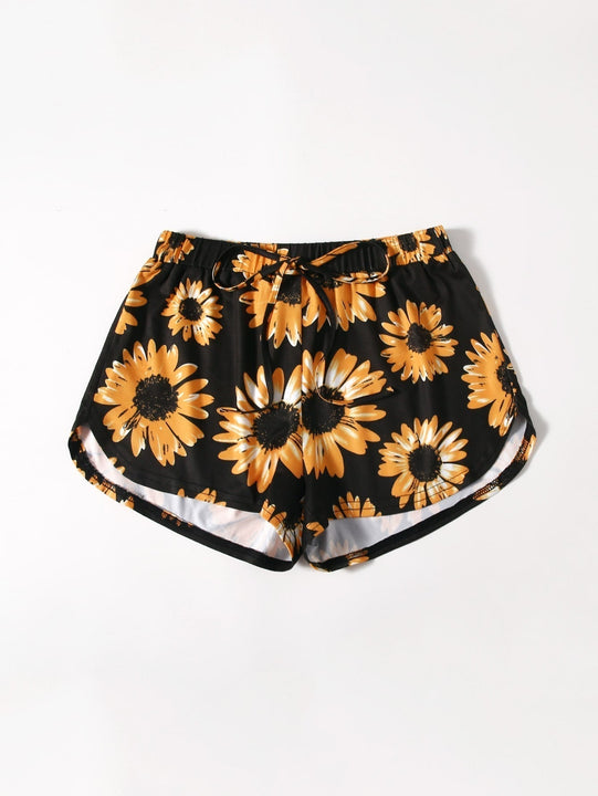 WYWH Shorts con cordon delantero con estampado de girasol